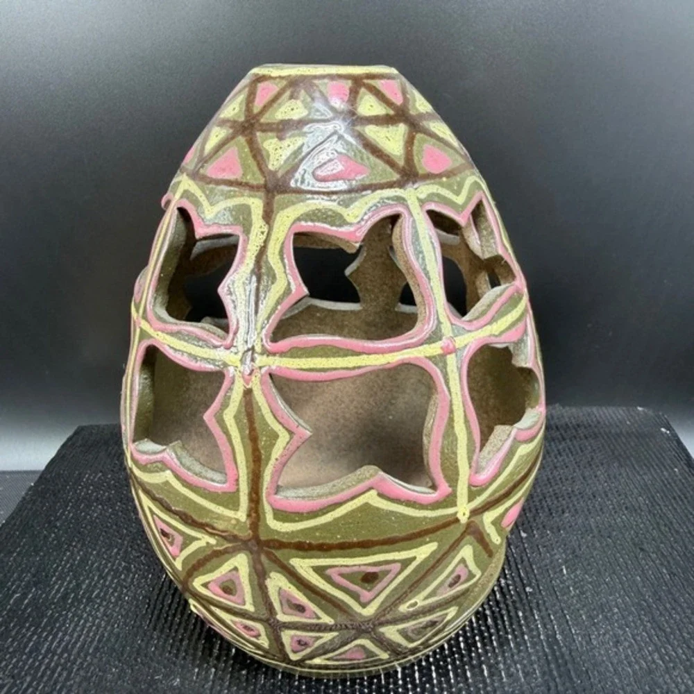 Handmade Ceramic Egg Lantern Tea‎ Light Holder Geometric Cutout Pink Green 6